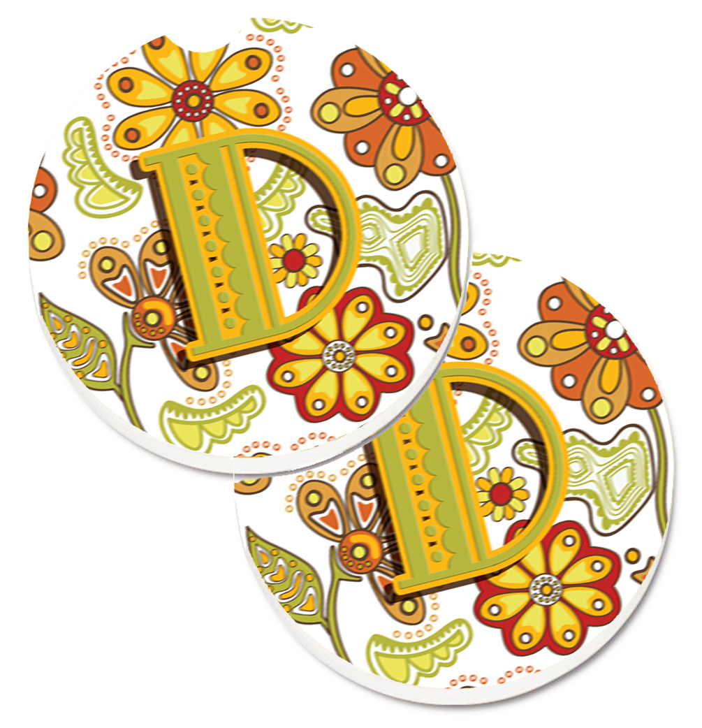 CJ2003-DCARC Letter D Floral Mustard & Green Set of 2 Cup Holder Car Coaster