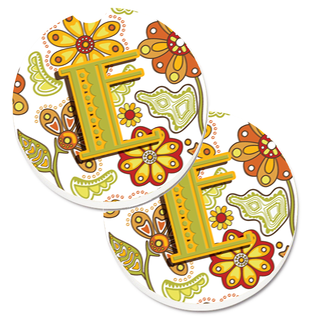 CJ2003-ECARC Letter E Floral Mustard & Green Set of 2 Cup Holder Car Coaster