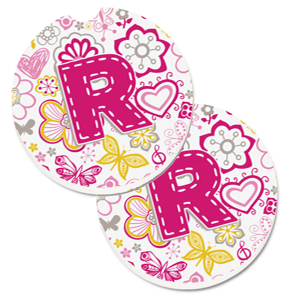 CJ2005-RCARC Letter R Flowers & Butterflies Pink Set of 2 Cup Holder Car Coaster