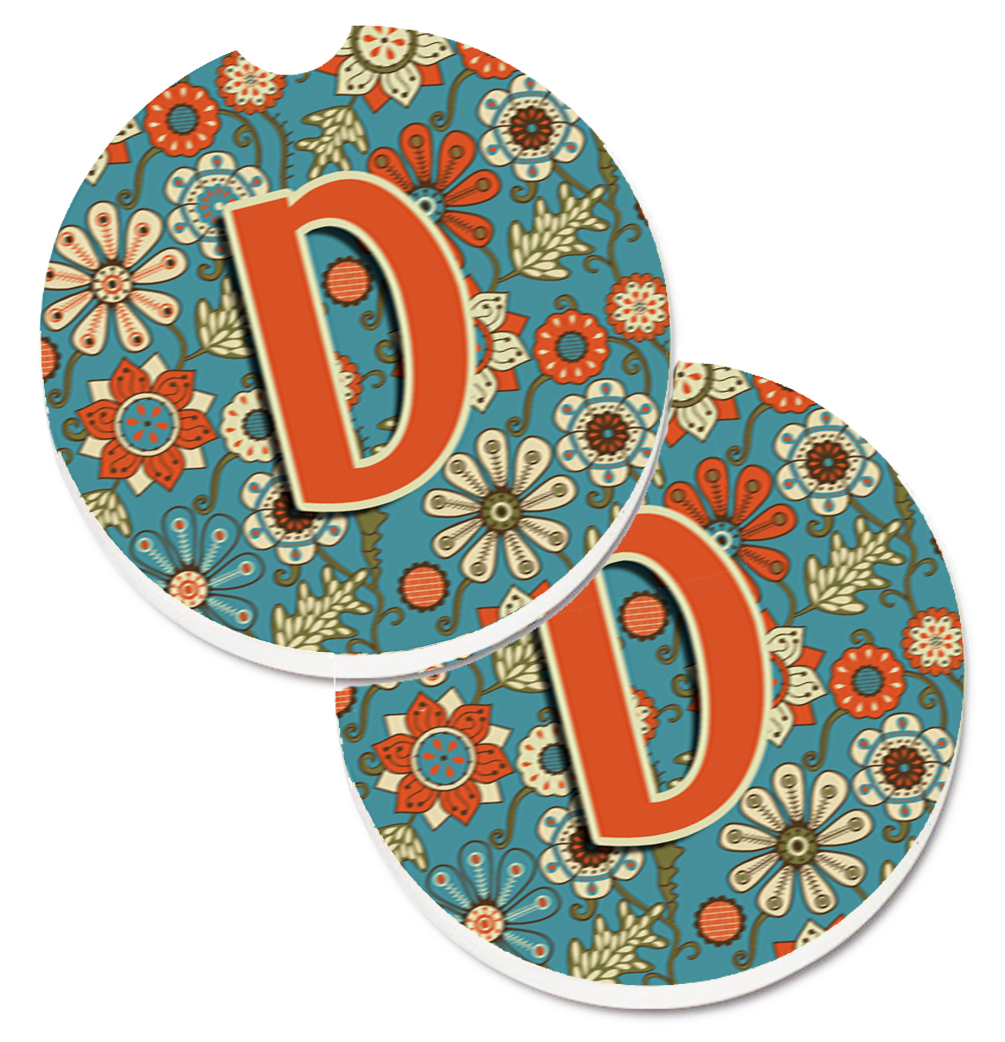 CJ2012-DCARC Letter D Flowers Retro Blue Set of 2 Cup Holder Car Coaster