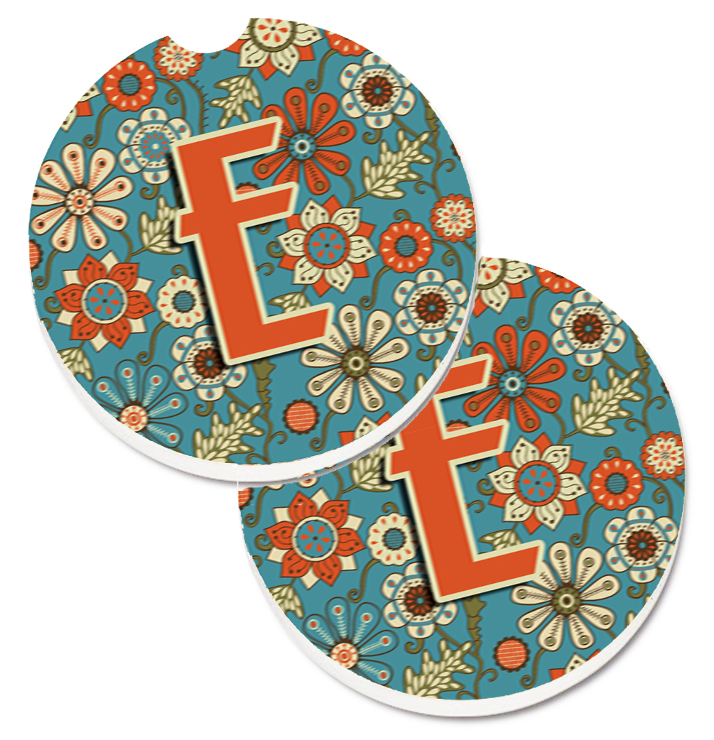 CJ2012-ECARC Letter E Flowers Retro Blue Set of 2 Cup Holder Car Coaster