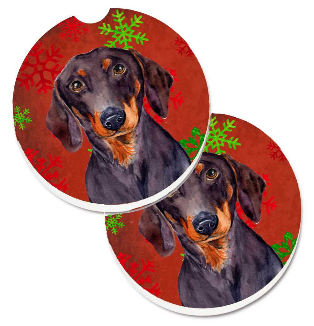 LH9313CARC Dachshund Red & Green Snowflakes Holiday Christmas Set of 2 Cup Holder Car Coaster