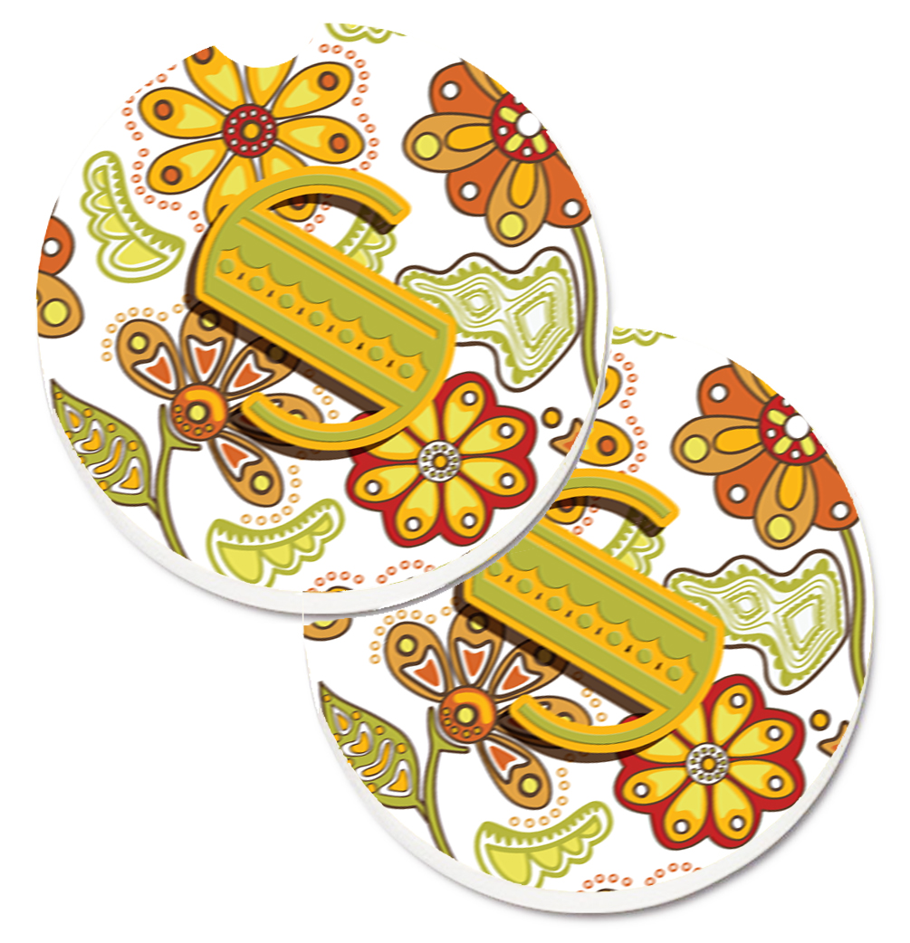CJ2003-SCARC Letter S Floral Mustard & Green Set of 2 Cup Holder Car Coaster