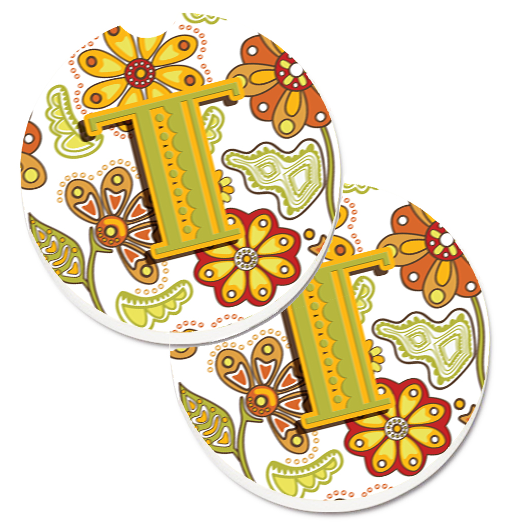 CJ2003-TCARC Letter T Floral Mustard & Green Set of 2 Cup Holder Car Coaster