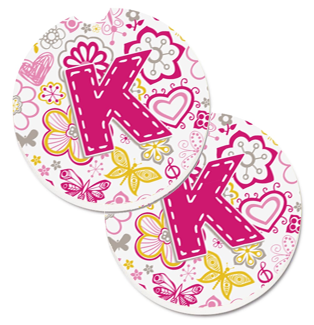 CJ2005-KCARC Letter K Flowers & Butterflies Pink Set of 2 Cup Holder Car Coaster