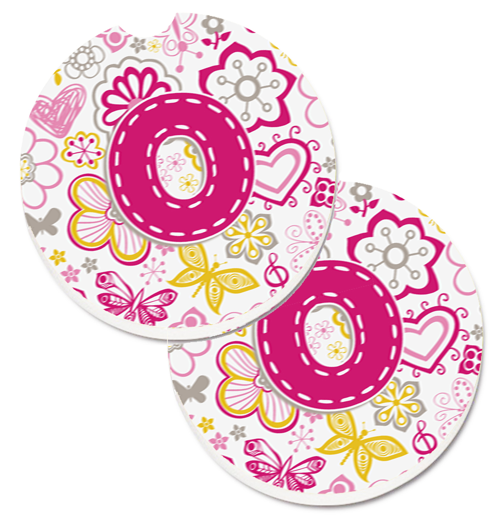 CJ2005-OCARC Letter O Flowers & Butterflies Pink Set of 2 Cup Holder Car Coaster