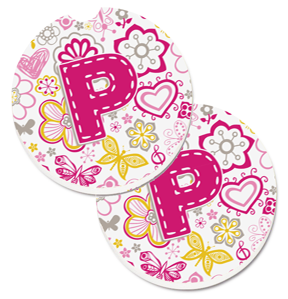 CJ2005-PCARC Letter P Flowers & Butterflies Pink Set of 2 Cup Holder Car Coaster