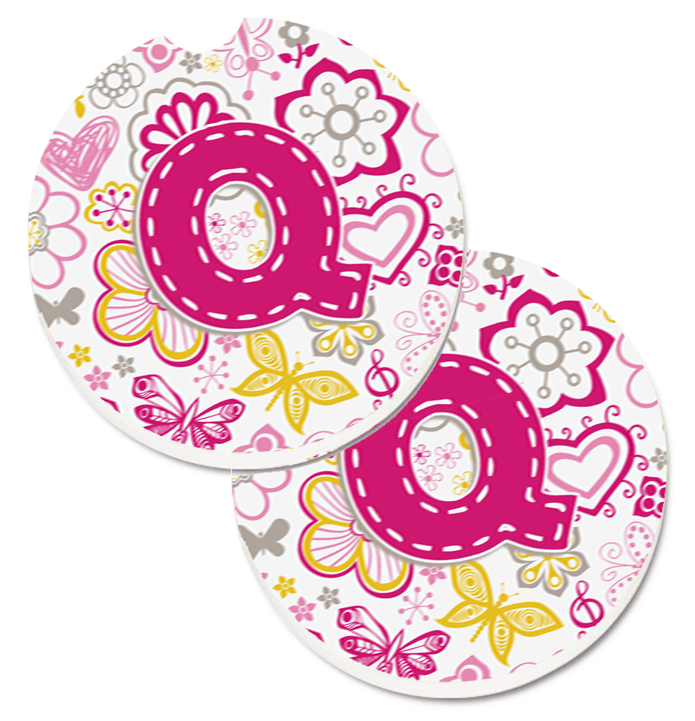 CJ2005-QCARC Letter Q Flowers & Butterflies Pink Set of 2 Cup Holder Car Coaster