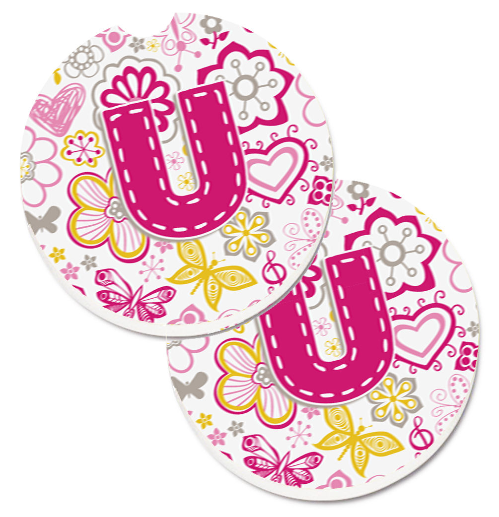 CJ2005-UCARC Letter U Flowers & Butterflies Pink Set of 2 Cup Holder Car Coaster