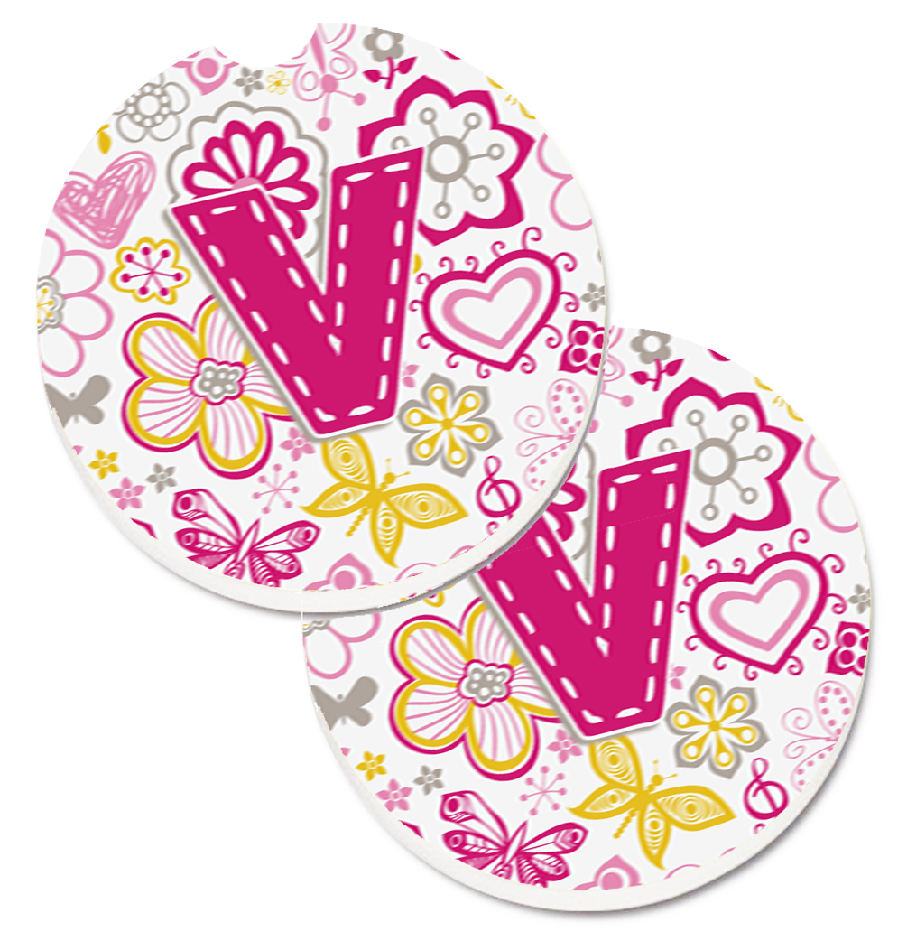 CJ2005-VCARC Letter V Flowers & Butterflies Pink Set of 2 Cup Holder Car Coaster