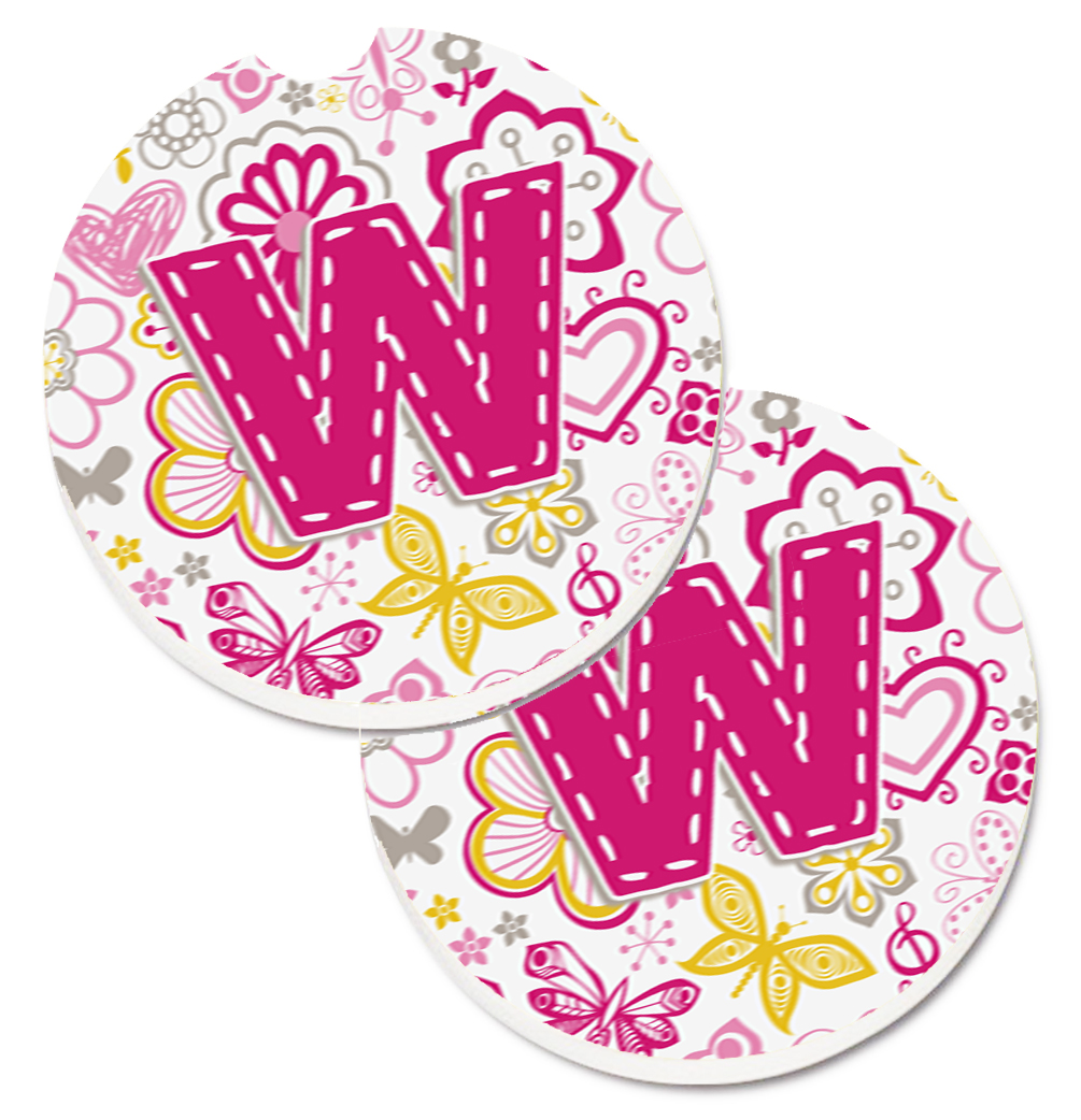 CJ2005-WCARC Letter W Flowers & Butterflies Pink Set of 2 Cup Holder Car Coaster