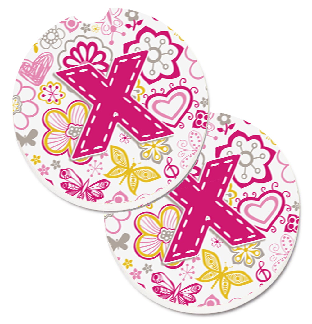CJ2005-XCARC Letter X Flowers & Butterflies Pink Set of 2 Cup Holder Car Coaster