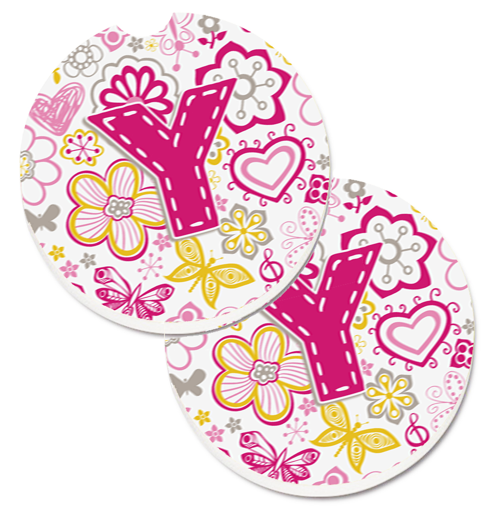 CJ2005-YCARC Letter Y Flowers & Butterflies Pink Set of 2 Cup Holder Car Coaster