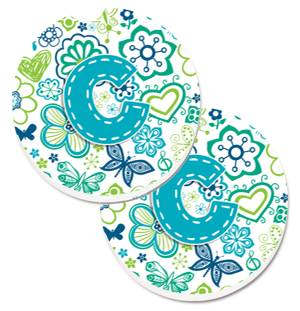 CJ2006-CCARC Letter C Flowers & Butterflies Teal Blue Set of 2 Cup Holder Car Coaster