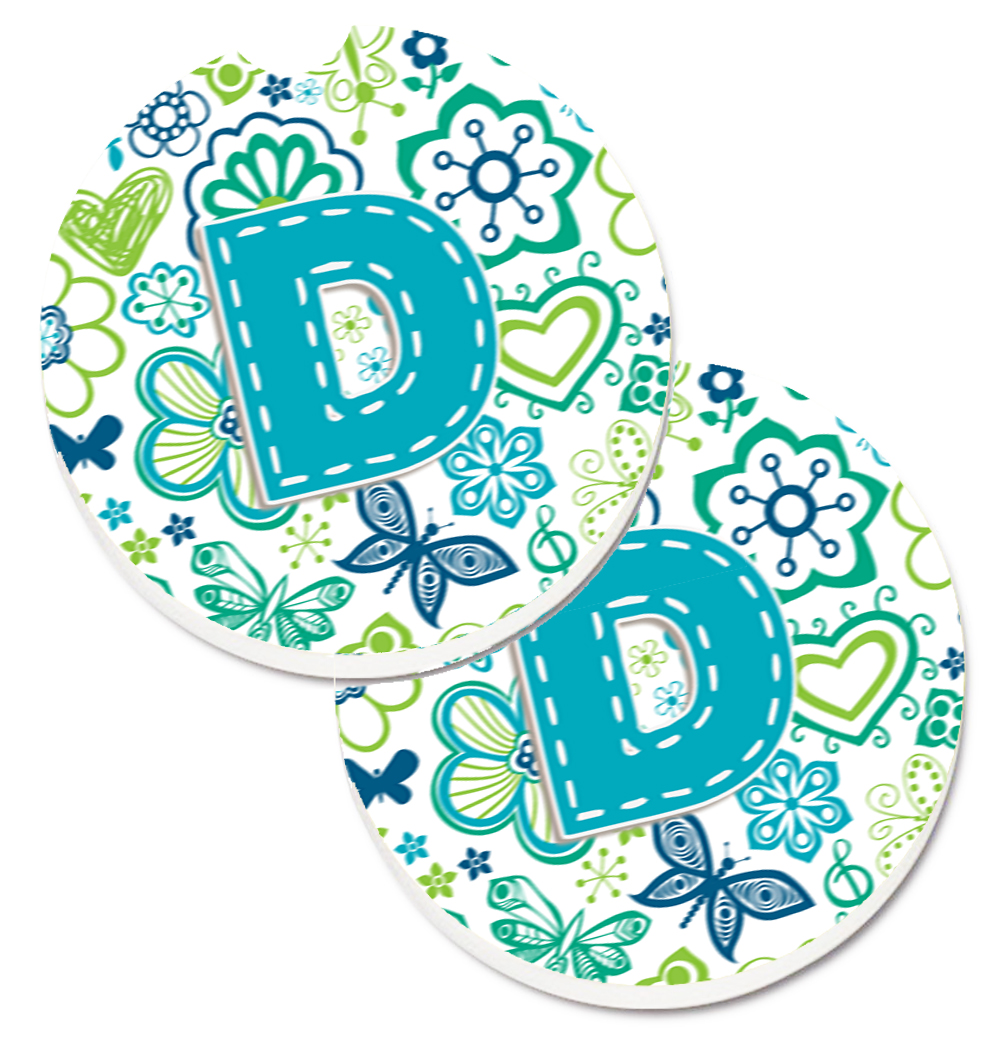 CJ2006-DCARC Letter D Flowers & Butterflies Teal Blue Set of 2 Cup Holder Car Coaster