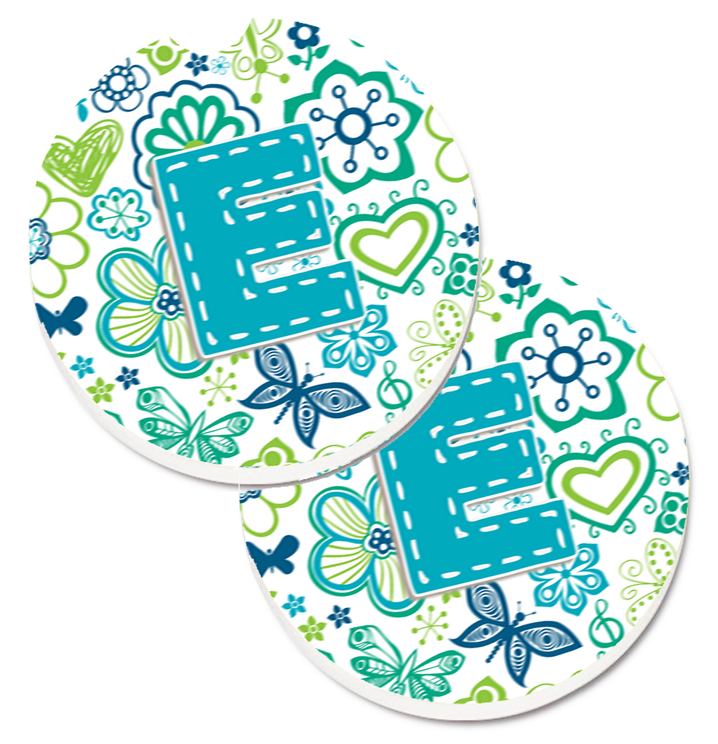 CJ2006-ECARC Letter E Flowers & Butterflies Teal Blue Set of 2 Cup Holder Car Coaster