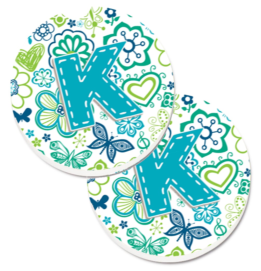 CJ2006-KCARC Letter K Flowers & Butterflies Teal Blue Set of 2 Cup Holder Car Coaster