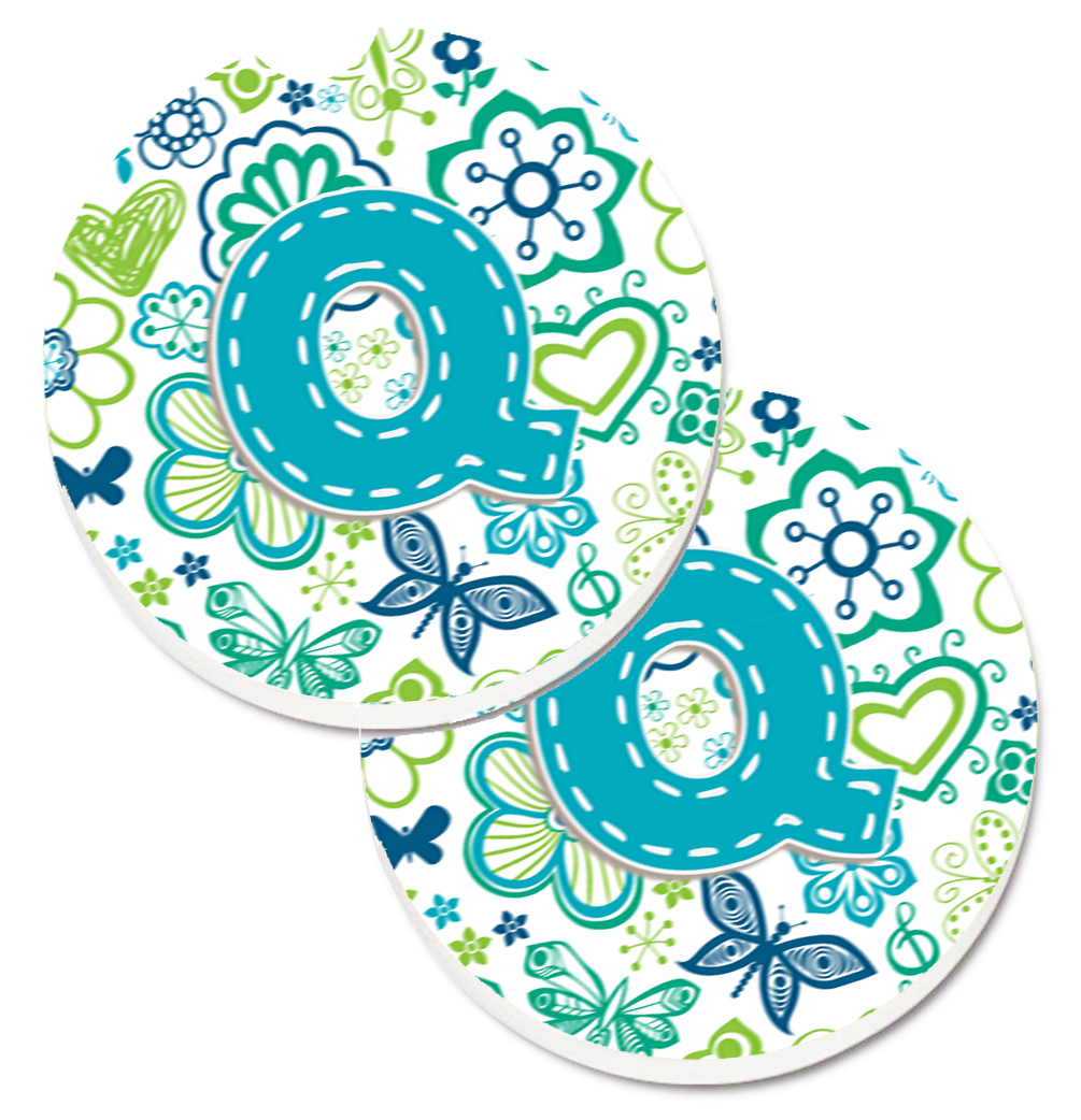 CJ2006-QCARC Letter Q Flowers & Butterflies Teal Blue Set of 2 Cup Holder Car Coaster