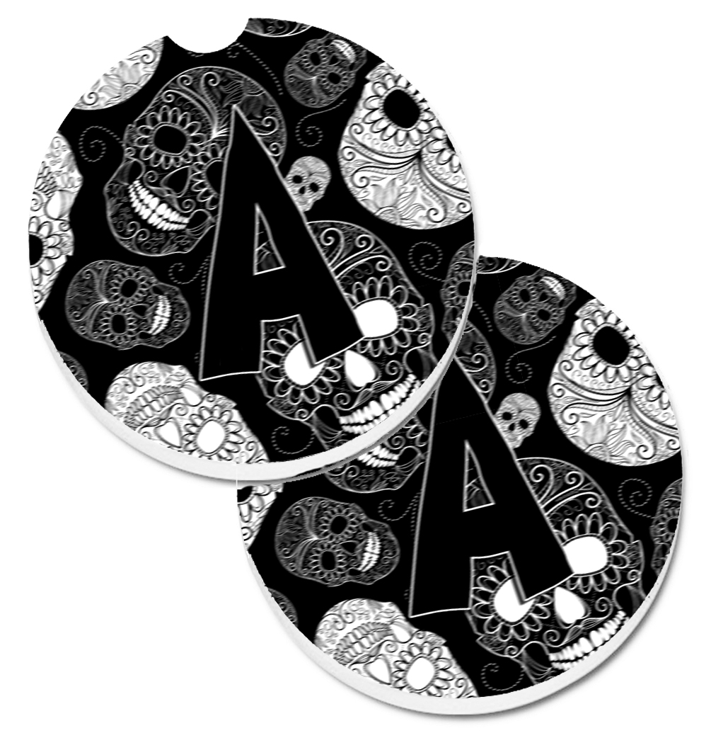 CJ2008-ACARC Letter A Day of the Dead Skulls Black Set of 2 Cup Holder Car Coaster