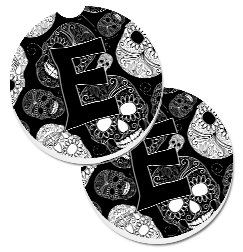 CJ2008-ECARC Letter E Day of the Dead Skulls Black Set of 2 Cup Holder Car Coaster