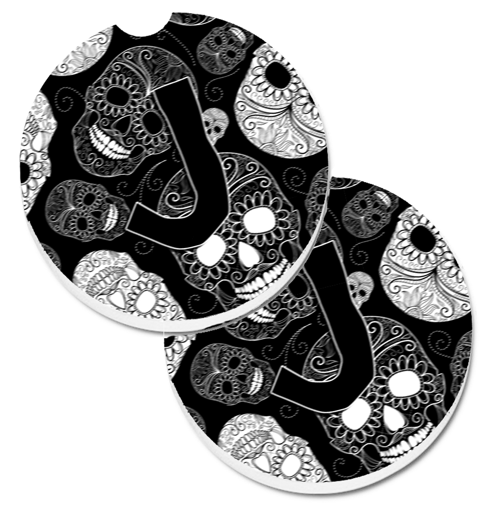 CJ2008-JCARC Letter J Day of the Dead Skulls Black Set of 2 Cup Holder Car Coaster