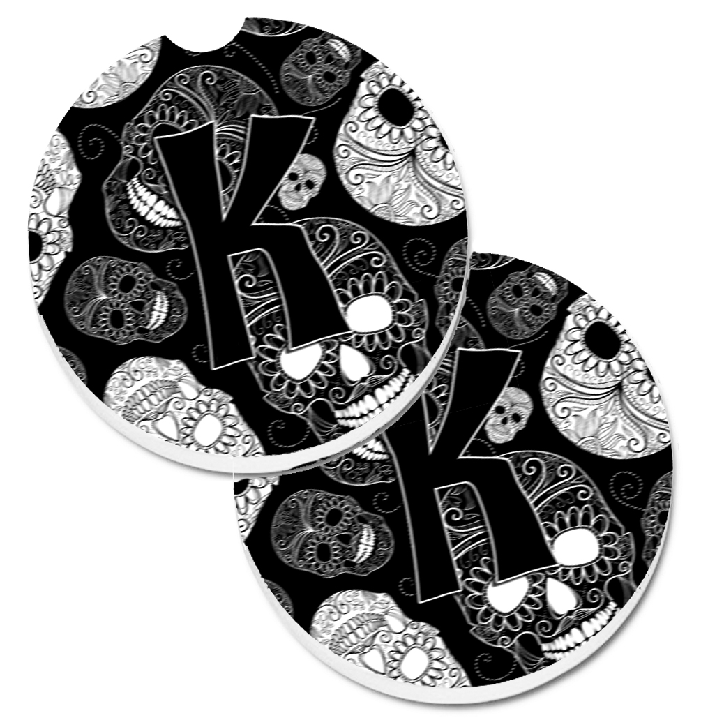 CJ2008-KCARC Letter K Day of the Dead Skulls Black Set of 2 Cup Holder Car Coaster