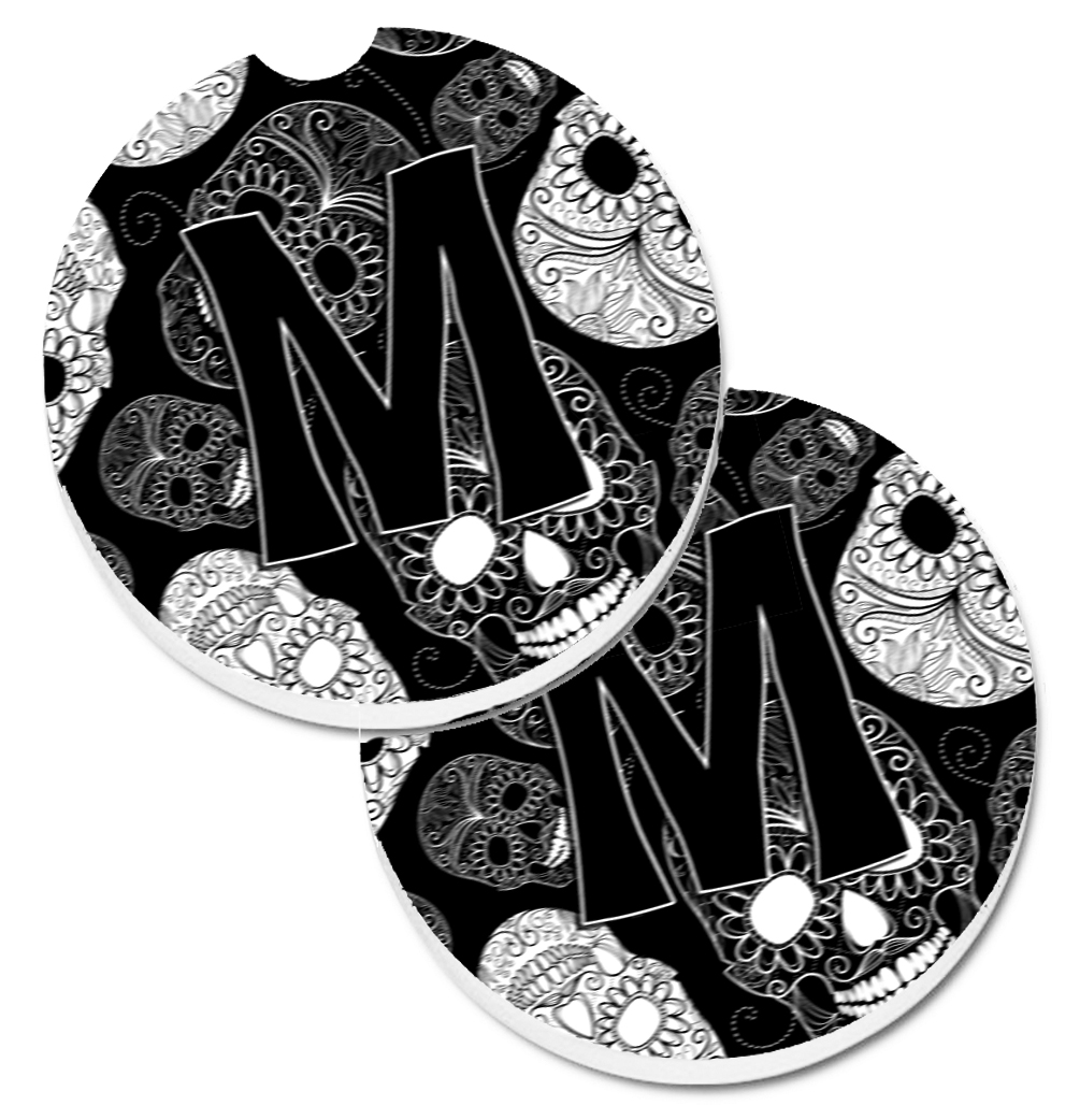 CJ2008-MCARC Letter M Day of the Dead Skulls Black Set of 2 Cup Holder Car Coaster