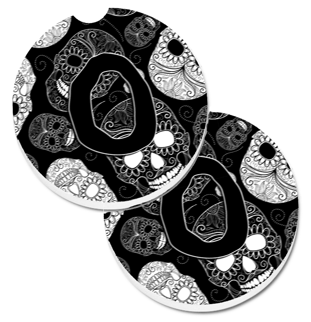 CJ2008-OCARC Letter O Day of the Dead Skulls Black Set of 2 Cup Holder Car Coaster