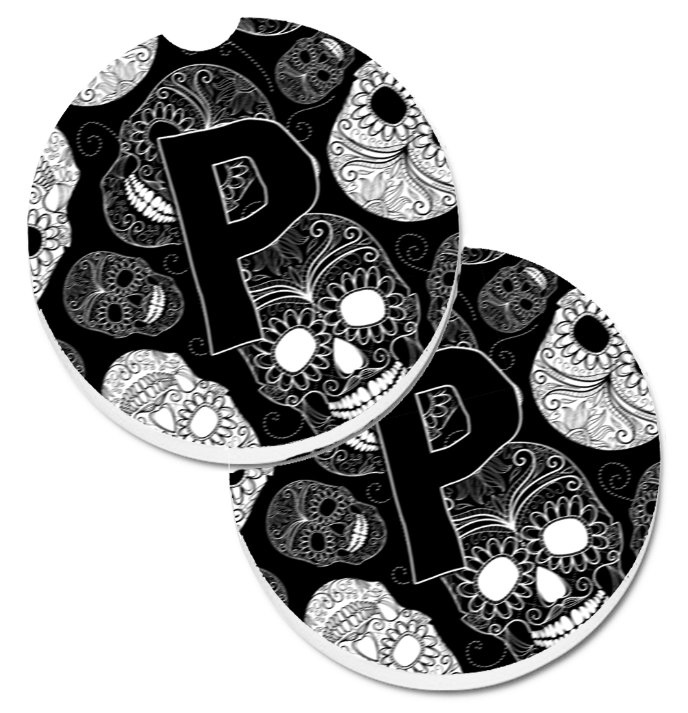CJ2008-PCARC Letter P Day of the Dead Skulls Black Set of 2 Cup Holder Car Coaster