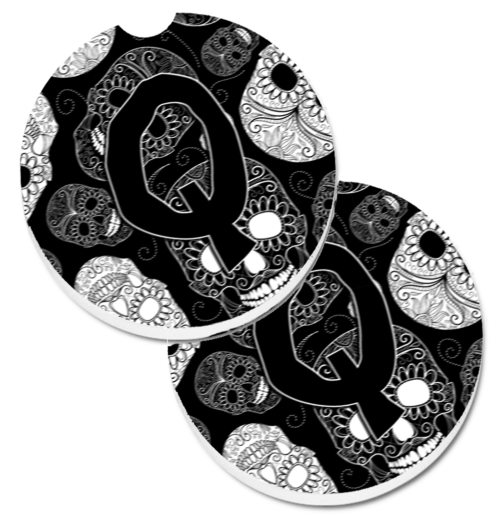 CJ2008-QCARC Letter Q Day of the Dead Skulls Black Set of 2 Cup Holder Car Coaster