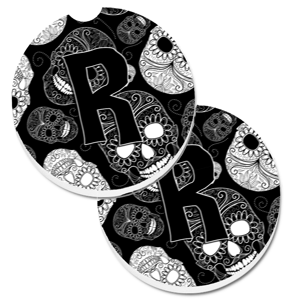 CJ2008-RCARC Letter R Day of the Dead Skulls Black Set of 2 Cup Holder Car Coaster