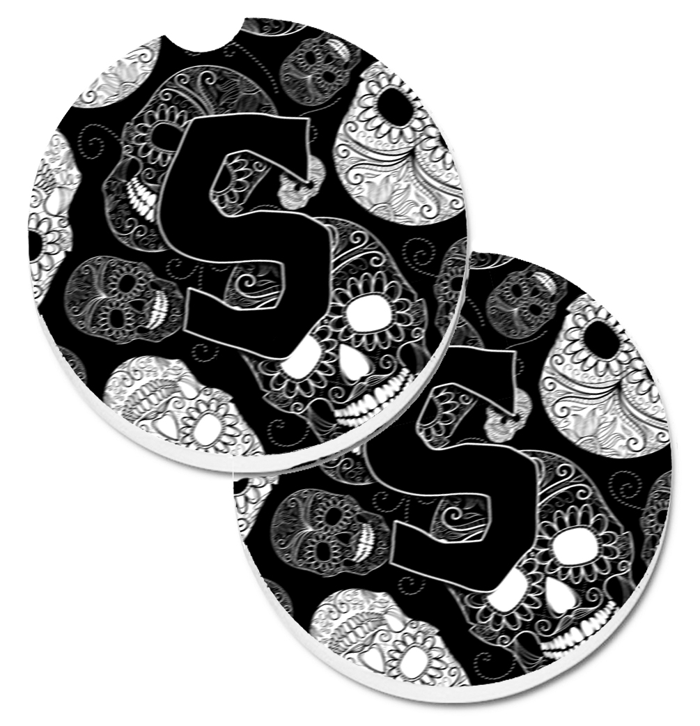 CJ2008-SCARC Letter S Day of the Dead Skulls Black Set of 2 Cup Holder Car Coaster
