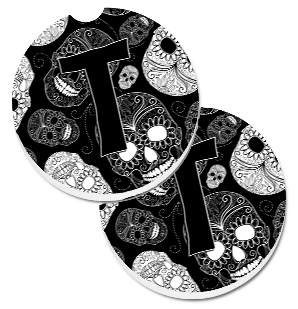 Letter T Day of the Dead Skulls Black Set of 2 Cup Holder Car Coaster