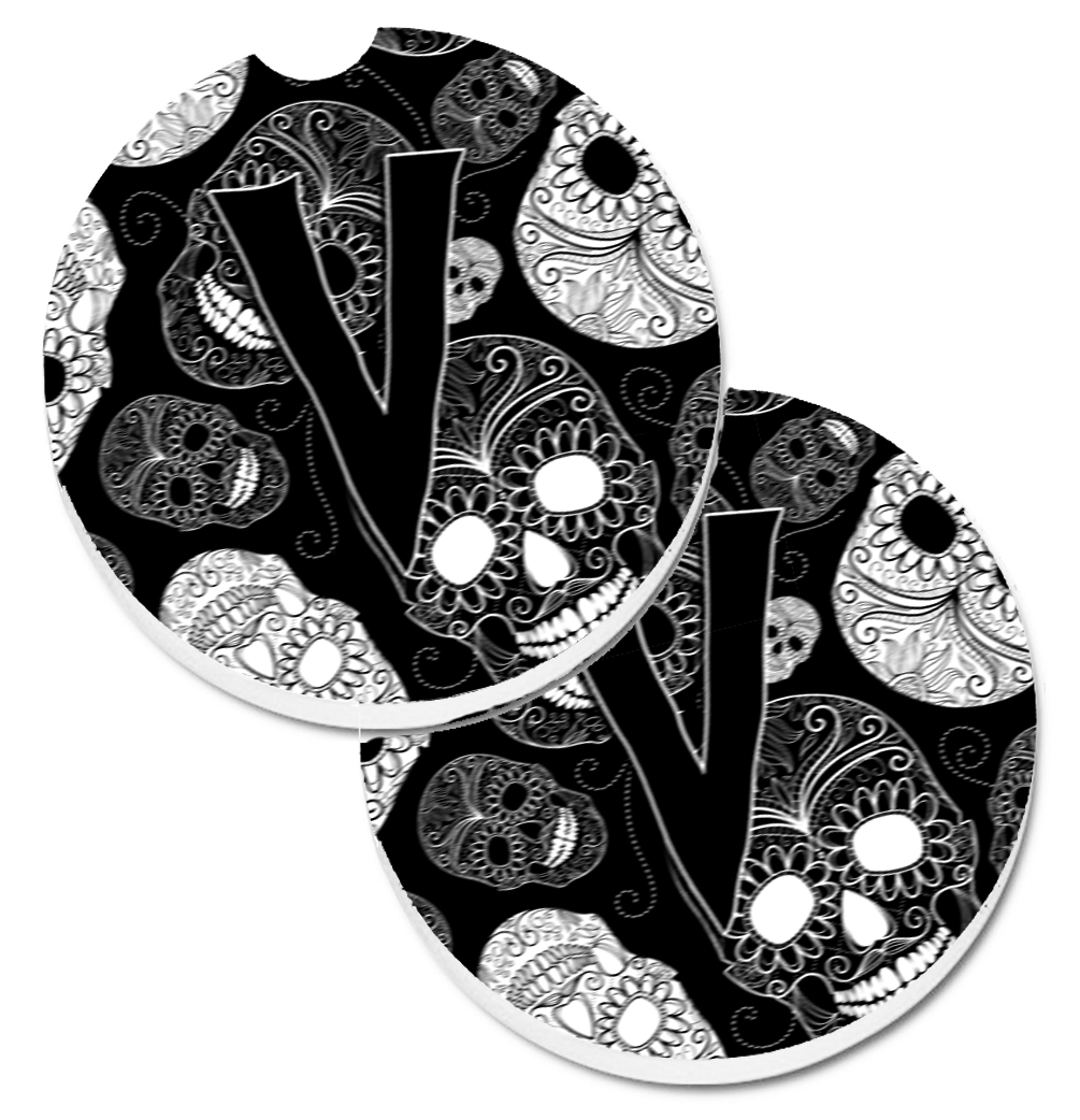 CJ2008-VCARC Letter V Day of the Dead Skulls Black Set of 2 Cup Holder Car Coaster