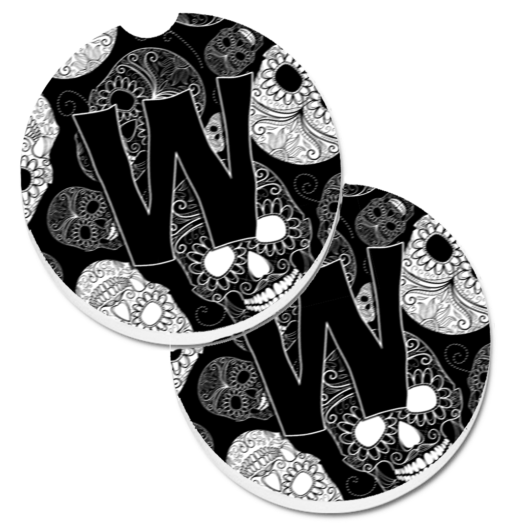 CJ2008-WCARC Letter W Day of the Dead Skulls Black Set of 2 Cup Holder Car Coaster