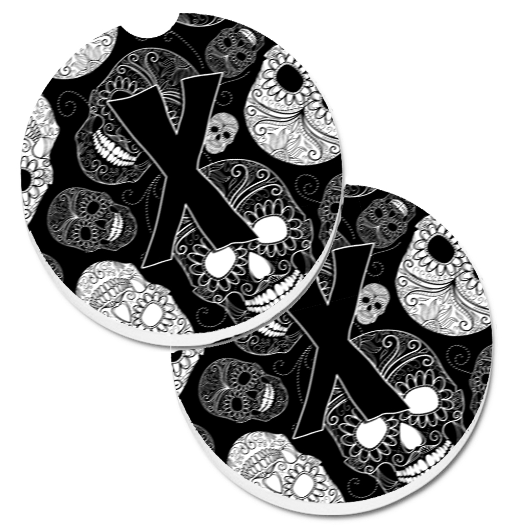 CJ2008-XCARC Letter X Day of the Dead Skulls Black Set of 2 Cup Holder Car Coaster