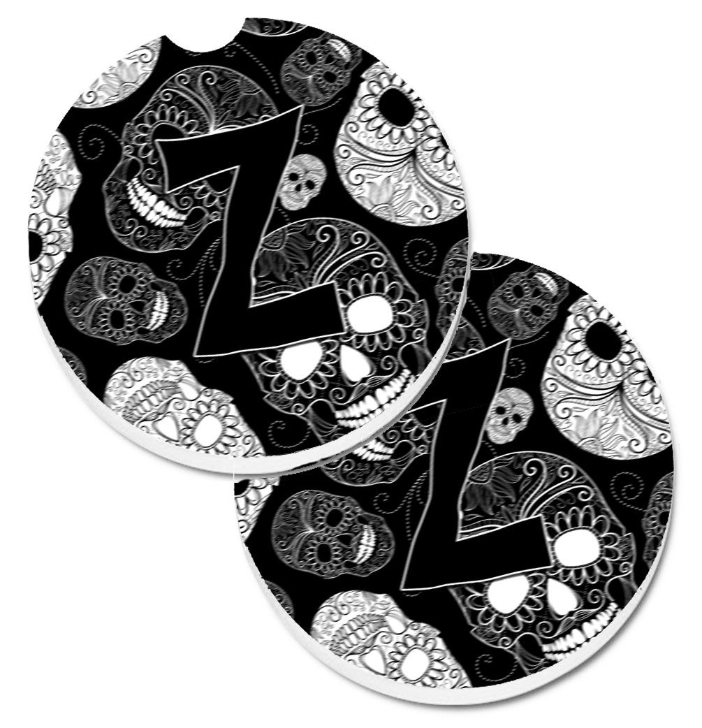 CJ2008-ZCARC Letter Z Day of the Dead Skulls Black Set of 2 Cup Holder Car Coaster