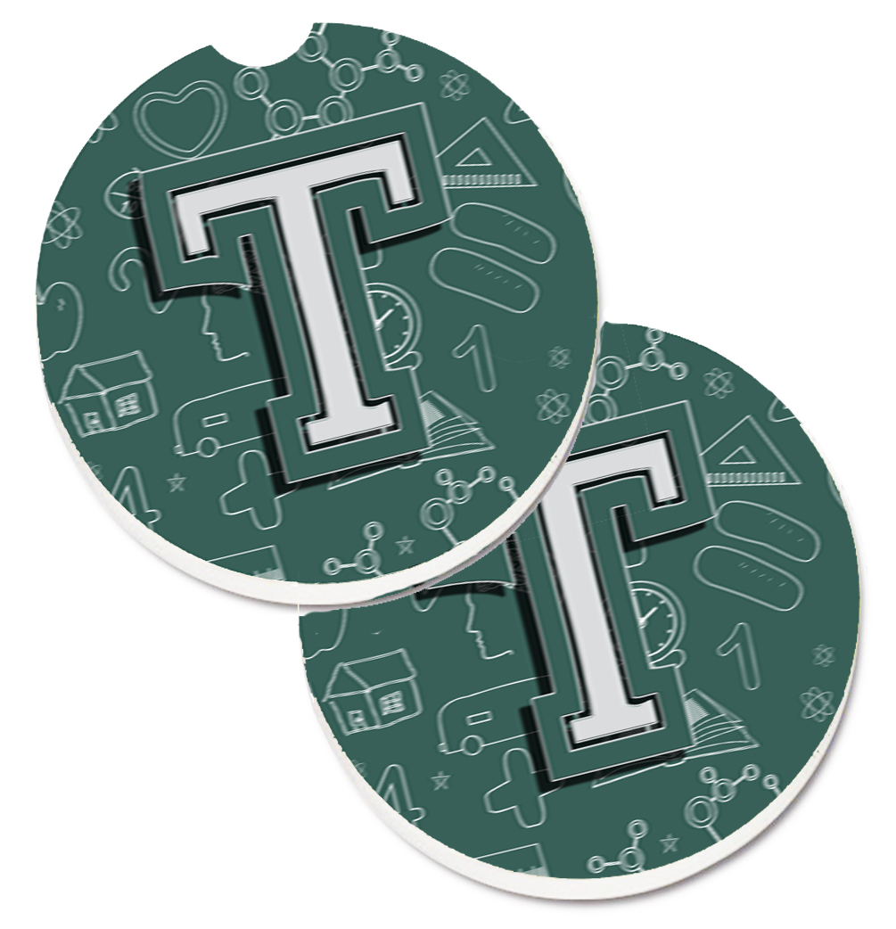 Letter T Back to School Initial Set of 2 Cup Holder Car Coaster