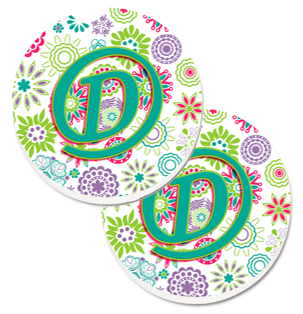 Letter D Flowers Pink & Teal Green Initial Set of 2 Cup Holder Car Coaster