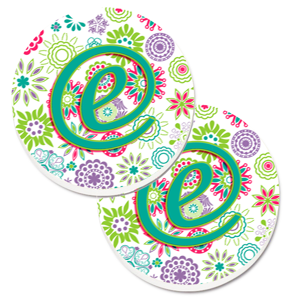 CJ2011-ECARC Letter E Flowers Pink & Teal Green Initial Set of 2 Cup Holder Car Coaster