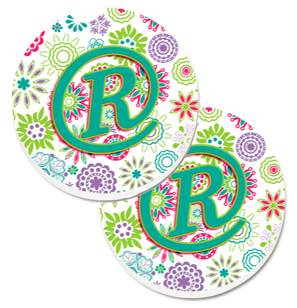 CJ2011-RCARC Letter R Flowers Pink & Teal Green Initial Set of 2 Cup Holder Car Coaster