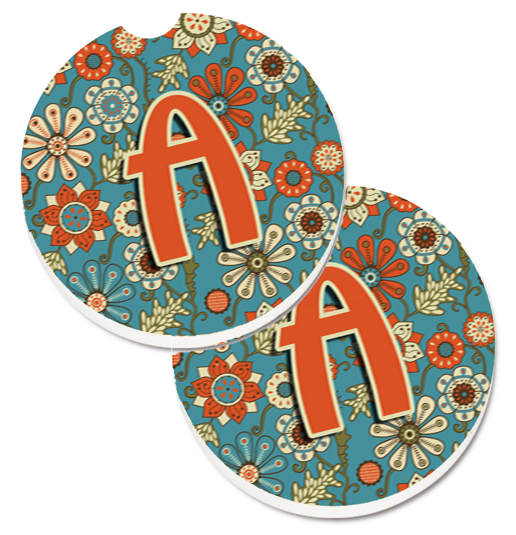 CJ2012-ACARC Letter A Flowers Retro Blue Set of 2 Cup Holder Car Coaster