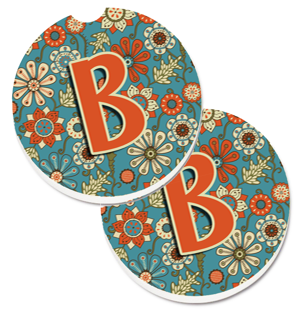 CJ2012-BCARC Letter B Flowers Retro Blue Set of 2 Cup Holder Car Coaster