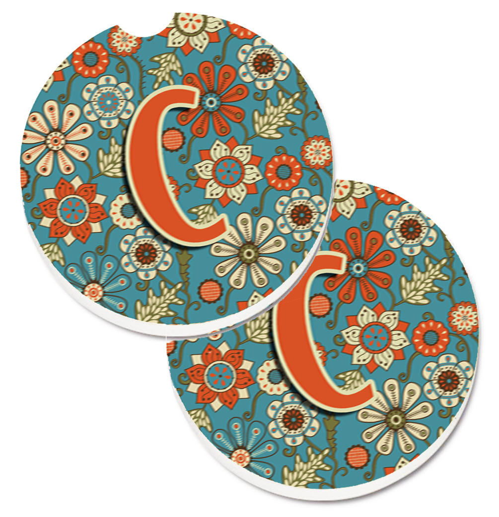 CJ2012-CCARC Letter C Flowers Retro Blue Set of 2 Cup Holder Car Coaster