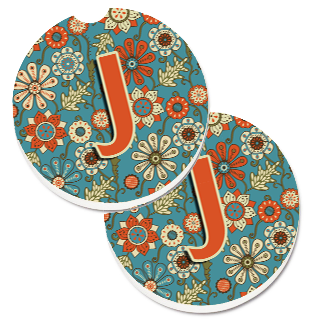 CJ2012-JCARC Letter J Flowers Retro Blue Set of 2 Cup Holder Car Coaster