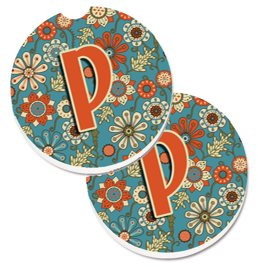 CJ2012-PCARC Letter P Flowers Retro Blue Set of 2 Cup Holder Car Coaster