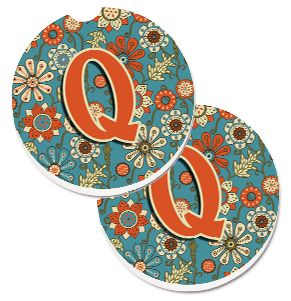 CJ2012-QCARC Letter Q Flowers Retro Blue Set of 2 Cup Holder Car Coaster