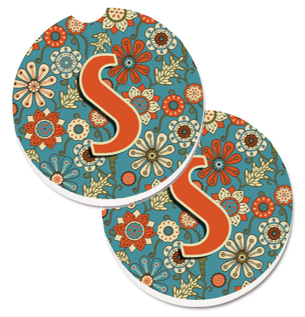CJ2012-SCARC Letter S Flowers Retro Blue Set of 2 Cup Holder Car Coaster