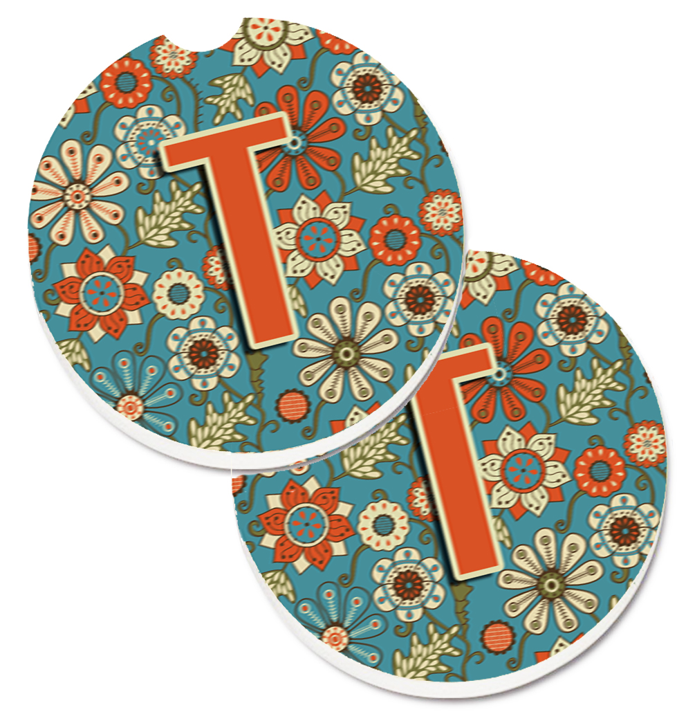CJ2012-TCARC Letter T Flowers Retro Blue Set of 2 Cup Holder Car Coaster