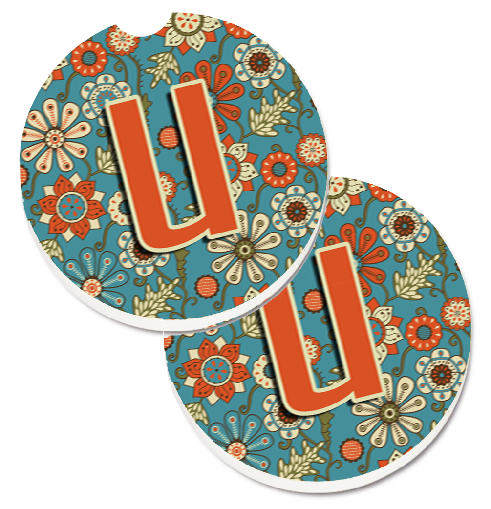 CJ2012-UCARC Letter U Flowers Retro Blue Set of 2 Cup Holder Car Coaster